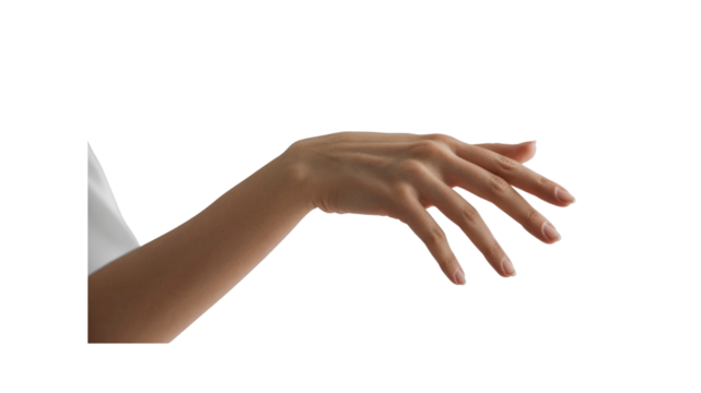 Elegant Woman's Hand Reaching Out, Open Palm Gesture, Isolated on Black