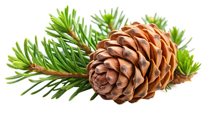 A detailed closeup of a brown pine cone resting on a green evergreen branch, isolated on a white background