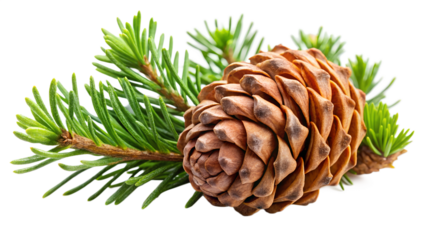 A detailed closeup of a brown pine cone resting on a green evergreen branch, isolated on a white background