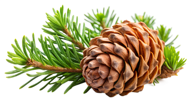 A detailed closeup of a brown pine cone resting on a green evergreen branch, isolated on a white background