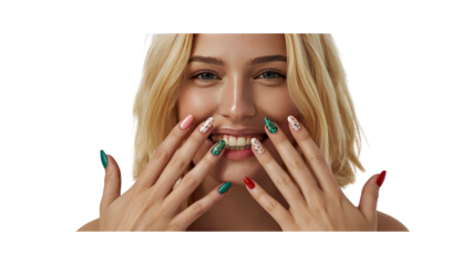 Close-up of a Smiling Woman with Festive Nail Art