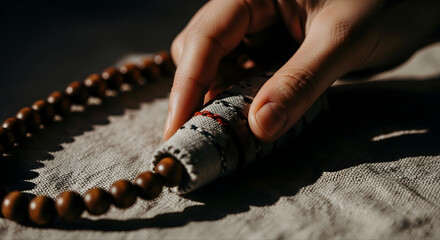 Close-up of a hand gently touching a grounding object, such as a palm stone or textured fabric swatch, placed on soft linen. The focus is on tactile comfort and emotional grounding. Shot in low light 