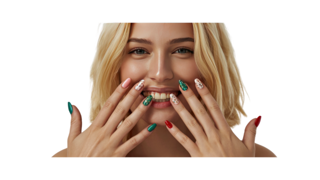 Close-up of a Smiling Woman with Festive Nail Art