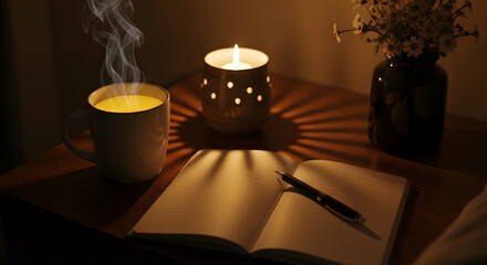 A nightstand styled with a warm ceramic mug of chamomile tea, an open notepad with pen, and a small candle glowing beside it. The scene is dimly lit with cozy shadows, perfect night-time journaling