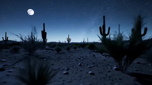 Night scene in the desert featuring saguaro cacti under a starry sky with a bright moon.