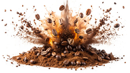 Explosion of coffee beans and powder isolated on transparent background