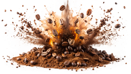 Explosion of coffee beans and powder isolated on transparent background