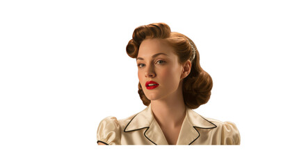 Vintage Woman with Victory Rolls Hairstyle, Red Lips and Cream Blouse