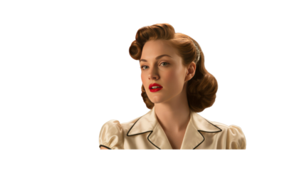 Vintage Woman with Victory Rolls Hairstyle, Red Lips and Cream Blouse