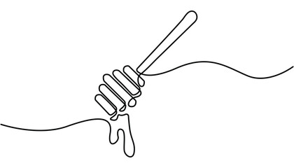 Obraz premium A continuous line drawing of a honey jar with a dipper, Vector continuous one single line drawing of honey dipper in silhouette on white background. Linear stylized, Honey dripping from honey dipper.