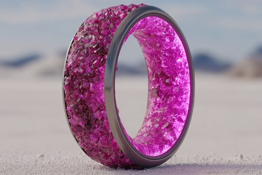 A futuristic ring, metallic band, pink crystals