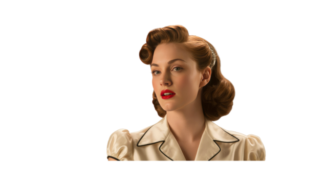 Vintage Woman with Victory Rolls Hairstyle, Red Lips and Cream Blouse