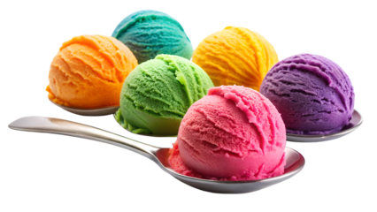 A vibrant assortment of colorful ice cream scoops on a spoon, isolated on a white background