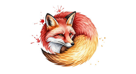 A watercolor illustration of a curled up fox with a red and orange tail on a black background