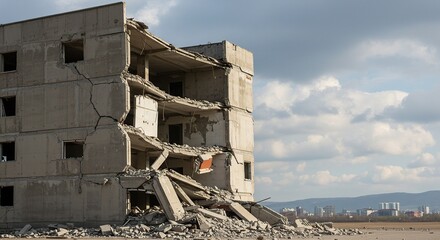 Explore concrete building demolition after earthquake or disaster damage and urban decay concept image