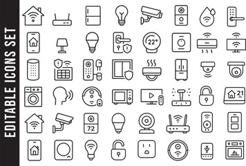 An Editable Set of Black and White Line Art Icons for Smart Home Technology and IoT