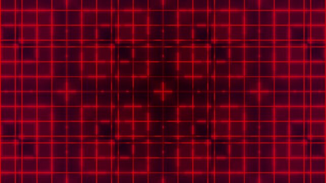 Red neon square grid pattern video expanding and contracting with dynamic light effects, creating captivating digital visual background for concert, stage, club, holiday, party animation design
