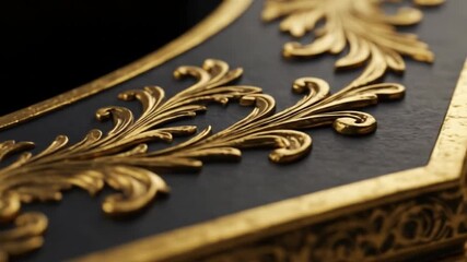 Ornate gold filigree on a dark surface, with a gilded border and intricate scrollwork detail, evoking luxury - Powered by Adobe