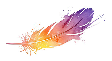 Watercolor feather illustration with gradient colors on a black background with paint splatters