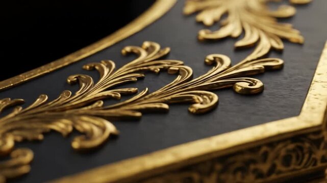 Ornate gold filigree on a dark surface, with a gilded border and intricate scrollwork detail, evoking luxury