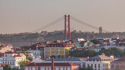 Tagus River and Bridge April 25 or Ponte 25 de Abril aerial timelapse above Orange Roofs of houses in Lisbon, Portugal.