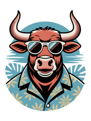 Cartoon Bull with Sunglasses in Hawaiian Shirt with Tropical Flower Design on Blue Radial Background Vector Illustration