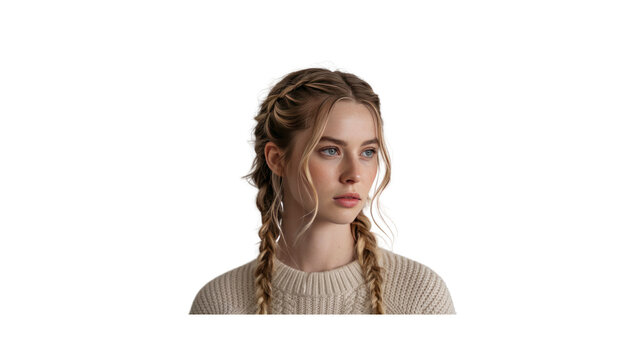 Young Woman with Blonde Braids in Cream Knit Sweater