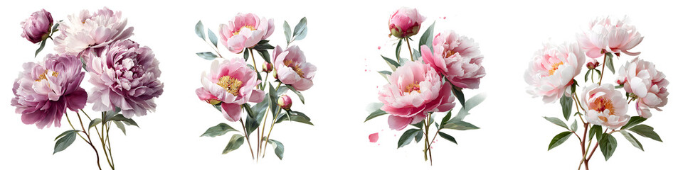 Obraz premium Watercolor Pink Peony Flower Bouquet Set