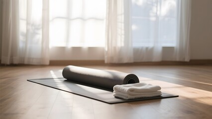 Rolled Yoga Mat and Towel on Wooden Floor Near Window