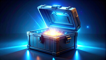 Open metallic treasure chest glows with bright light