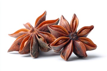 Closeup of isolated star anise seeds and fruit on white