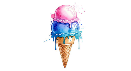Watercolor ice cream cone with pink and blue scoops on a black isolated background illustration