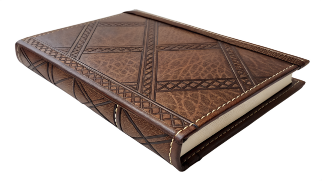 A vintage leatherbound journal with intricate embossed patterns, isolated on a transparent background