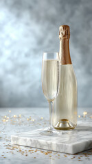 Sparkling Celebration: A luxurious champagne bottle and elegant glass of bubbly, perfectly captured in a vibrant close-up, invite revelry and toast the moments.