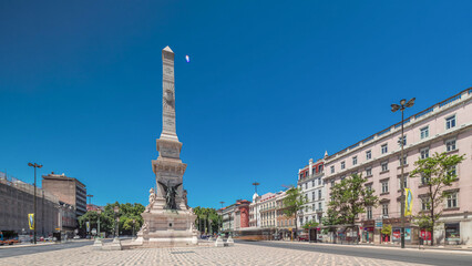 Restauradores Square in Lisbon timelapse hyperlapse. Monument to the Restorers and historical houses around