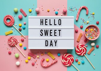 Colorful candy flatlay with “Hello Sweet Day” lightbox