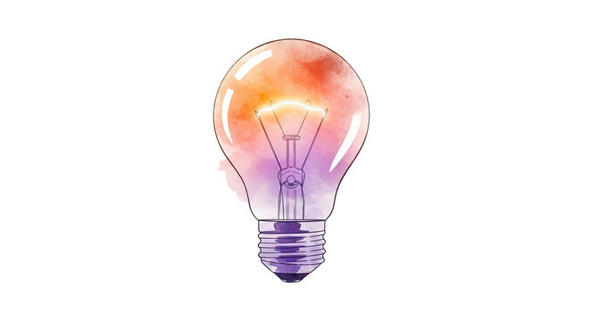 Watercolor style lightbulb with orange and purple hues on a black background in digital art style