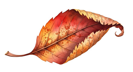 A single autumn leaf with curled edges and varied colors on a black background in watercolor style
