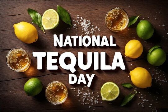 National tequila day celebration with tequila shots, lime, lemon, salt, and festive bar vibes on rustic wooden table, perfect for parties, menus, and summer themes. Margarita mexican cocktail.