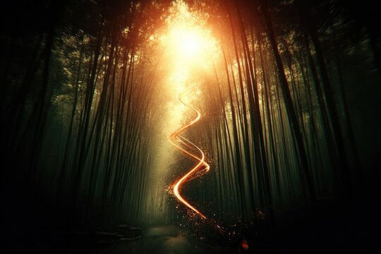 Pathway of light through a dark bamboo forest - Powered by Adobe