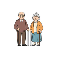 An elderly couple stands side-by-side, both holding walking canes and smiling gently. They are dressed in casual, comfortable clothing.