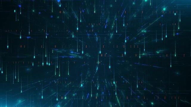 Abstract animation of blue and green lights falling like rain on a dark background