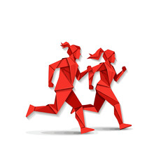 Two stylized red female figures run together, depicted in a geometric, origami-like design on a white background.