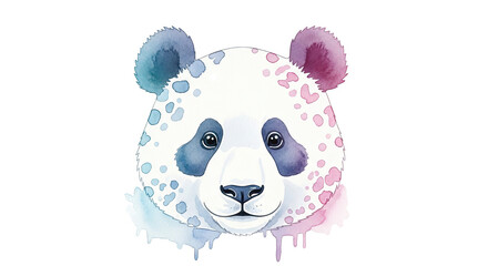 Watercolor panda bear with blue and pink accents and a white background in a digital painting style
