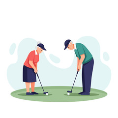 An elderly couple is playing golf on a green course, preparing to hit their golf balls with clubs.