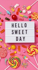 Colorful candy flatlay with “Hello Sweet Day” lightbox
