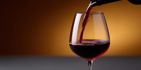 An elegant pour of rich red wine into a crystal glass against a warm, luxurious background
