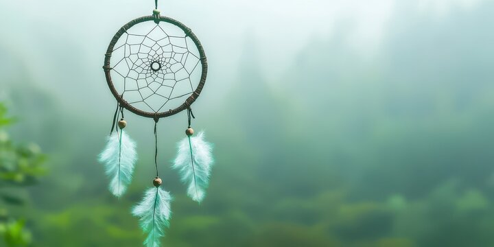 Dreamcatcher with light blue feathers hanging against a blurred green forest and misty background - Powered by Adobe