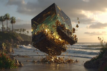 A golden, glassy cube hovers over a tranquil beach scene