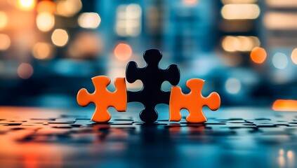 "A golden puzzle piece snaps into a missing slot, symbolizing a breakthrough, with a glowing hexagonal grid fading into the distance."

